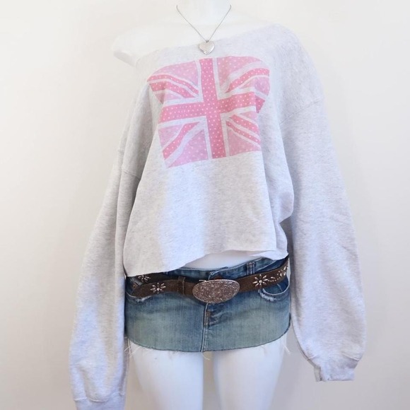 Tops - y2k union jack pink one shoulder sweatshirt grey cropped top